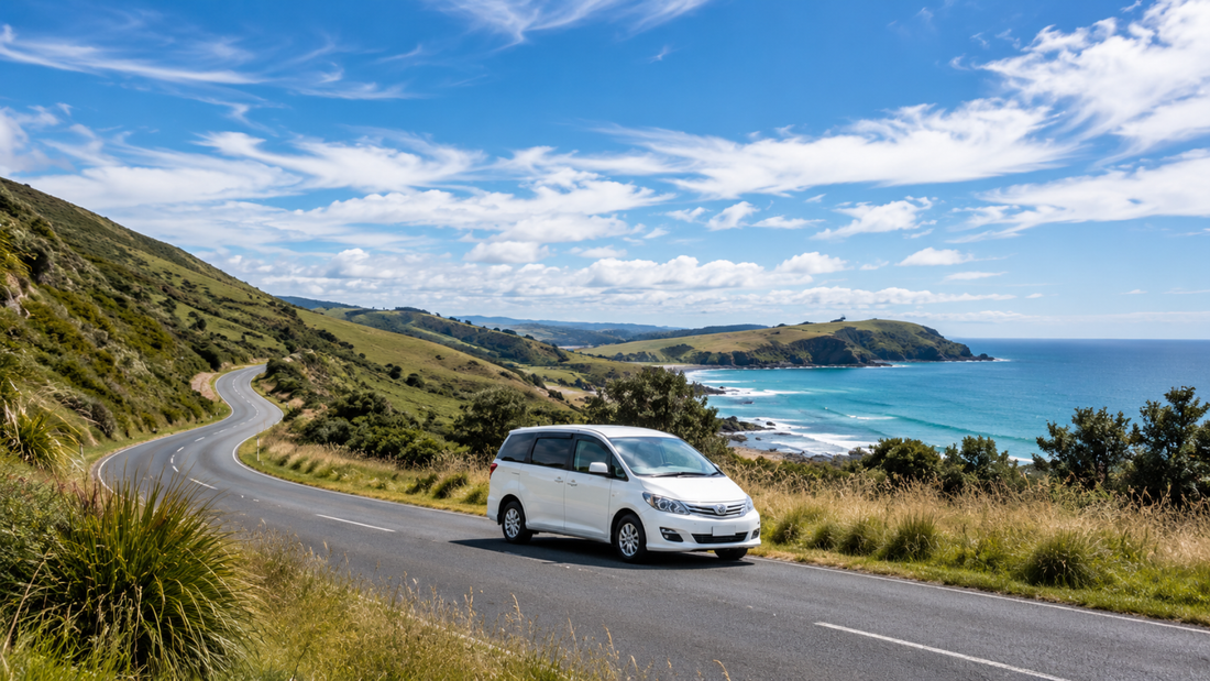 Toyota campervan cruising in New Zealand summer
